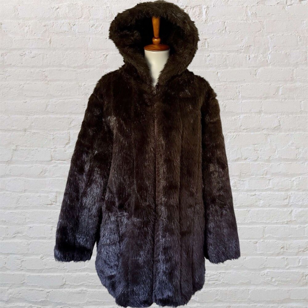 Women's Roamans Hooded Dark Brown Faux Fur Coat Zip Pockets Plus Size 1X 22/24